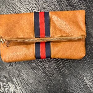 Moda Luxe Tan Toiletry Bag with Red and Black Stripes